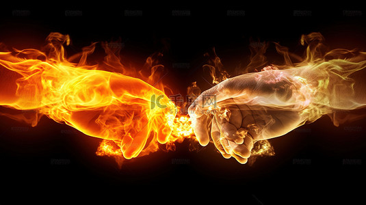 紧握扶手背景图片_右手紧握左手的强烈 3D 镜头，带有火热的光芒，是吸引力的象征
