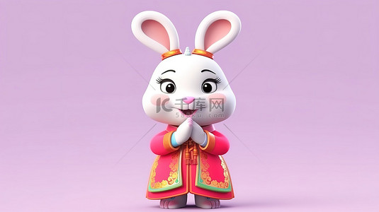 用手势和 3D 渲染的中国服装问候卡通兔子的插图