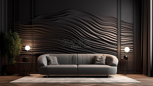 带波浪墙和豪华座椅的精致客厅的 3D 渲染