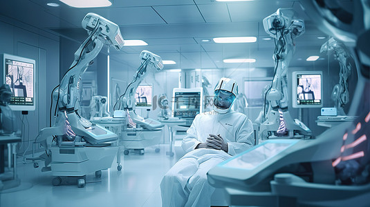 男性机器人在医院手术室协助机器人医生的 3D 插图渲染