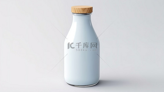 现代蓝色有机奶瓶，木帽显示在 3D 呈现的白色背景上