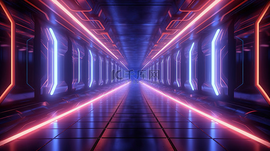 走廊抽象荧光背景图片_照明现代走廊霓虹灯照亮的通道具有未来派氛围和引人注目的混凝土地板 3D 渲染插图