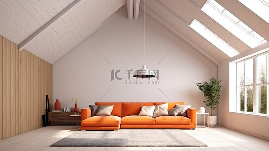 令人惊叹的客厅，配有充满活力的橙色沙发白色墙壁和裸露的椽子天花板 3D 渲染