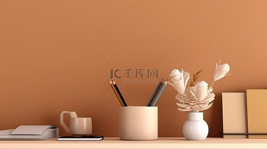 办公桌文具背景图片_时尚的办公室设置文具和棕色壁纸背景 3D 渲染上的开放空间