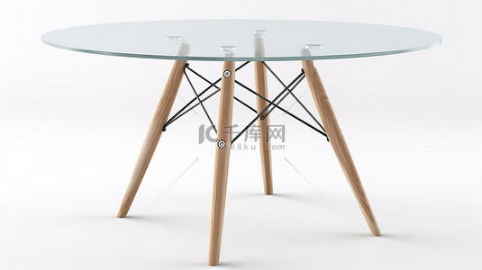 带玻璃表面和木腿的阁楼式桌子的孤立白色背景 3d 渲染