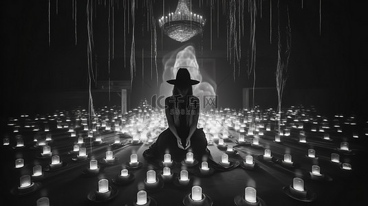一个可怕的女巫使用黑白蜡烛和 3D 故障虚拟现实效果进行神秘仪式