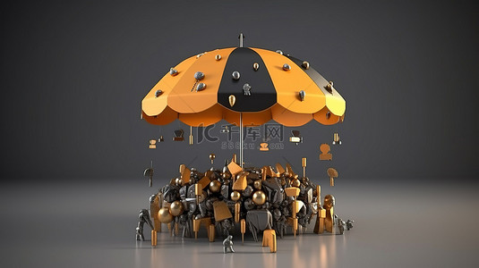 3D 插图渲染丰富的财富多边形马蒂币在雨伞下受到雨水的保护