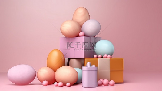 欢乐复活节背景图片_背景设计中欢乐的复活节庆祝活动充满活力的3D礼盒和鸡蛋装饰