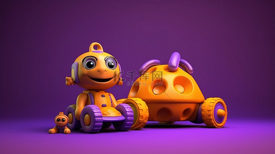 儿童游乐场环境中充满活力的紫色背景上的橙色角色玩具的 3D 渲染
