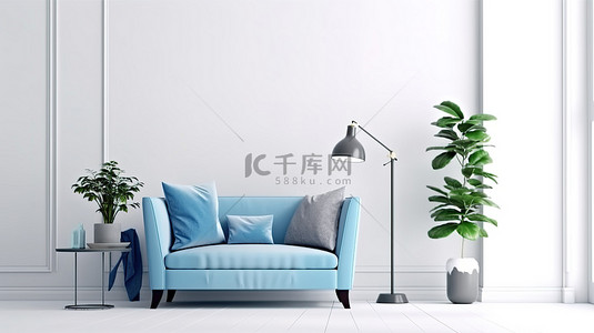 白墙背景客厅的 3D 渲染，配有蓝色布艺沙发扶手椅灯和花瓶中的绿色植物