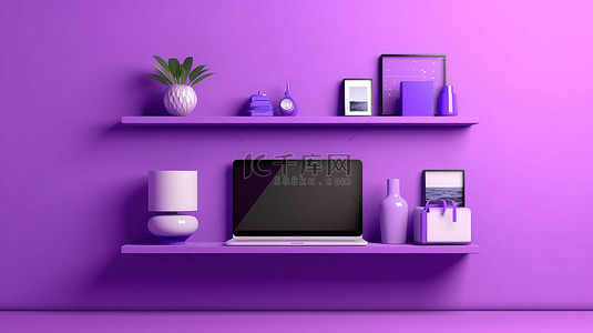 带有笔记本电脑手机平板电脑和电脑的紫色墙架背景的 3D 插图