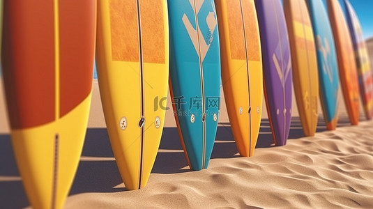蓝色海滩冲浪背景图片_充满活力的夏季冲浪板关闭在阳光明媚的海滩沙子 3d 渲染