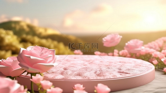 爱情花背景图片_自然美讲台的春天玫瑰田背景的 3D 渲染