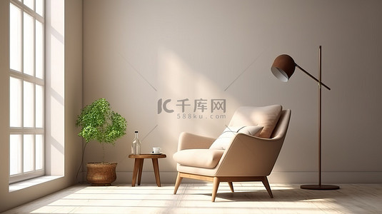 温暖而诱人的木窗棕色扶手椅和落地灯在光线充足的内部3D 渲染