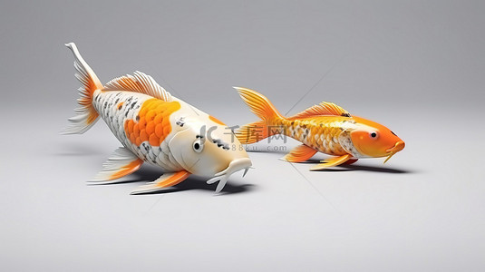 充满活力的 3D 锦鲤鱼渲染，从侧面看具有醒目的橙色和白色图案