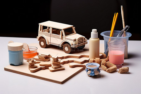胶粘行业背景图片_木制玩具胶粘一杯咖啡和食物
