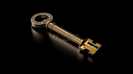 金钥匙背景图片_光滑的黑色金属背景上闪亮的金钥匙的 3D 渲染