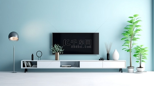 电视电视墙背景图片_现代客厅，浅蓝色墙壁背景上配有时尚电视，以 3D 渲染