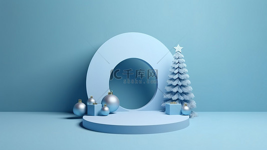 具有 3D 渲染和阴影的蓝色背景圣诞讲台模板