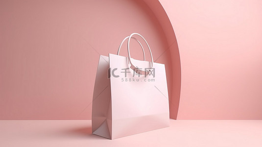 最小购物软粉色背景 3D 白色纸袋模型