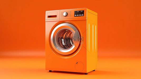充满活力的橙色背景下单色洗衣机的 3D 渲染