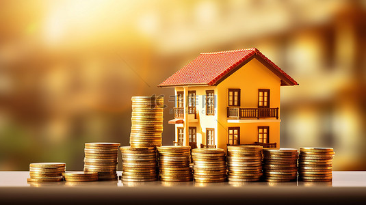 金色背景上的成堆硬币和房屋，房地产投资或住房贷款概念的 3D 表示