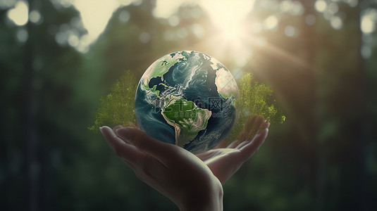 生态环境保护地球背景图片_环境保护概念手持地球仪在背景上的 3D 渲染