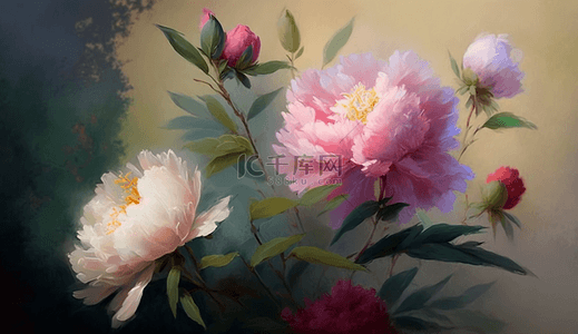 欧式花背景图片_粉红色的芍药花春天鲜花花瓣花卉油画背景