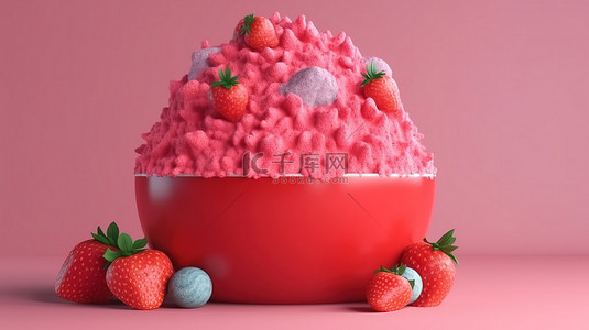 卡通风格 3d 渲染韩国草莓宾索刨冰甜点，为清爽的夏日款待
