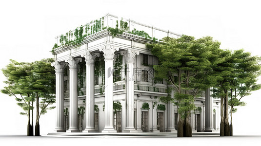 建筑垃圾背景图片_经典建筑白色背景与古董柱装饰绿色和空间为您的设计 3D 渲染