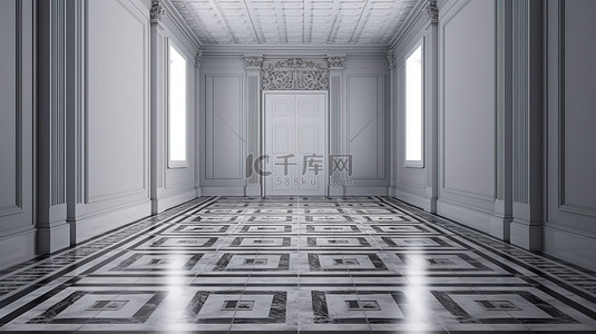 瓷砖图案背景图片_具有白色和灰色瓷砖图案的现代地板的当代室内 3D 渲染