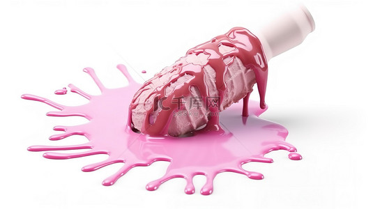 美味的粉色巧克力味冰淇淋棒在 3D 创建的干净白色表面上融化