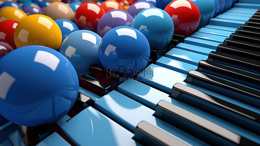 充满活力的蓝色钢琴键，配有蓝色胶带和彩色球 3D 渲染