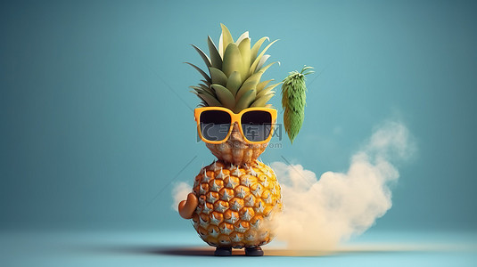 热带背景卡通背景图片_3D 插图顽皮的菠萝戴着太阳镜在卡通烟雾和复制空间中飞翔