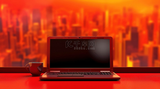 红色办公室背景与笔记本电脑的 3D 插图