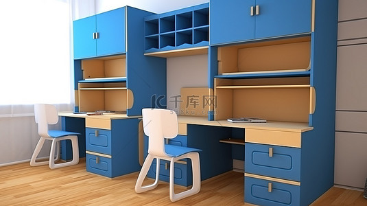 儿童家具设计背景图片_适用于儿童家具的 2 合 1 存储和书桌系统，采用时尚蓝色现代设计 3D 渲染
