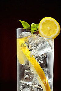 一个高脚玻璃杯，上面放着冰块和柠檬片