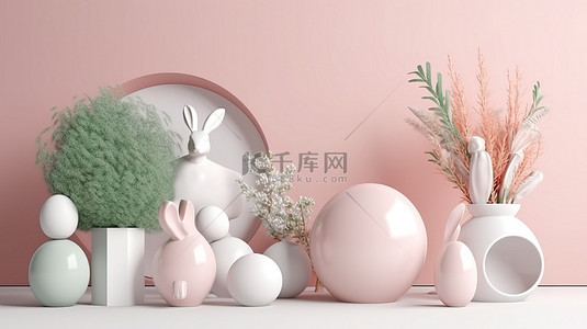 小兔子兔子背景图片_复活节完美 3D 横幅插图兔子鸡蛋花瓶和柔和色调的小树枝在此处添加您的文字