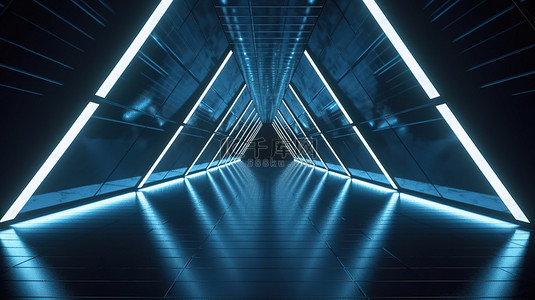霓虹灯的背景背景图片_具有深蓝色地板反光和几何透视的三角形简约隧道的 3D 渲染