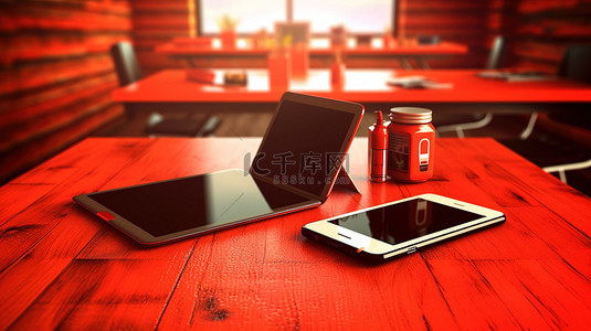 有智能手机和平板电脑 3D 插图的红色桌子