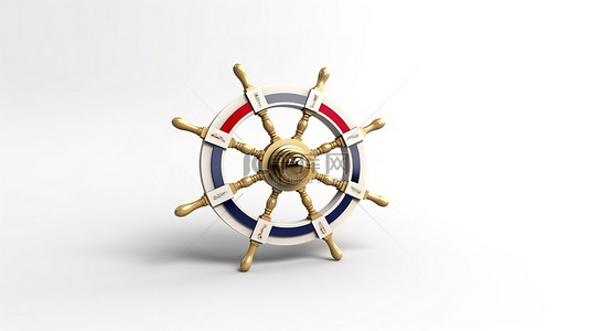 巨轮航海背景图片_白色背景的 3D 渲染，带有饰有丝带横幅的航海船方向盘