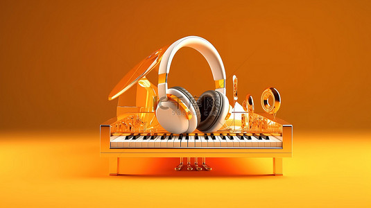 带耳机背景背景图片_带耳机和空白空间的钢琴音乐创意 3D 插图