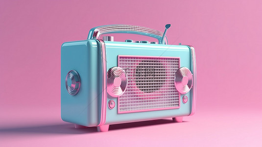 蓝色背景上以 3d 形式描绘的粉红色收音机