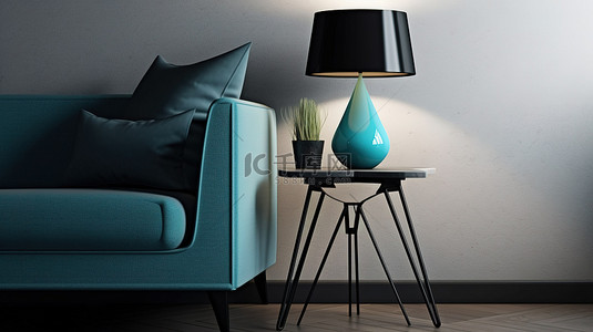 桌沙发茶几背景图片_现代沙发，配有金属腿边桌蓝色灯，设置在黑色台面 3D 渲染上