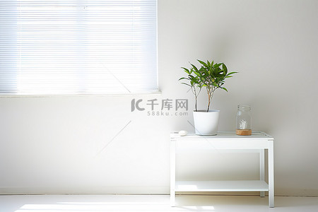 玻璃瓶植物背景图片_窗户旁边的白色架子和凳子，里面有植物