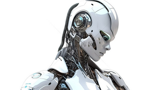 女性思考背景图片_孤立的白色背景描绘了 3D 渲染的机器人或机器人分析为女性