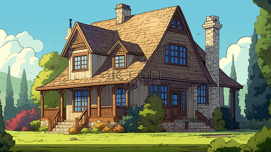 草地树木房子卡通建筑卡通房子背景