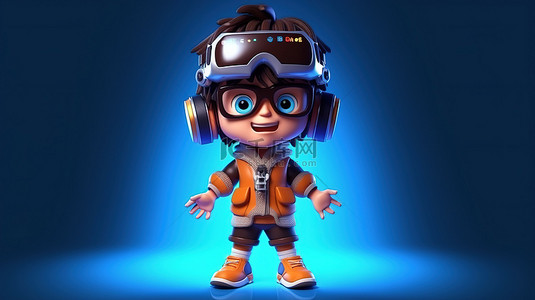戴耳机的男孩背景图片_搞笑的 3D 艺术作品描绘了一个戴着 VR 耳机的卡通孩子