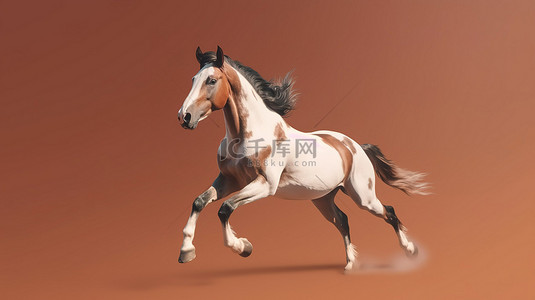 一匹棕色和白色的马全速驰骋的 3d 插图