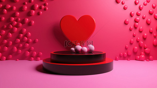 演示台上的红心，3D 渲染中带有粉红色圆圈背景
